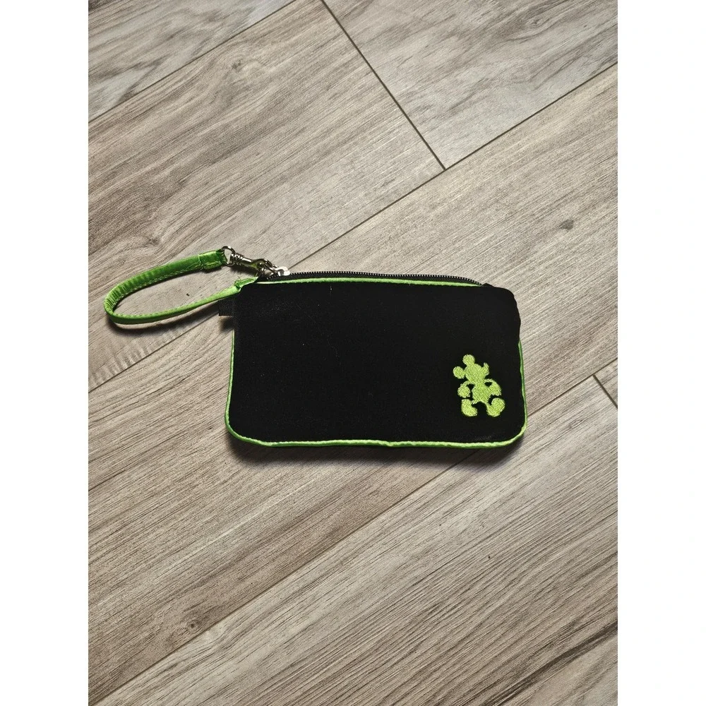 Disney Parks Mickey Mouse Black Lime Green Wristlet Pouch Zip Bag